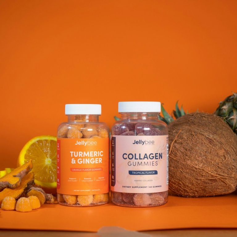 Turmeric and ginger gummies alongside collagen gummies, with fruits in a vibrant orange setting.