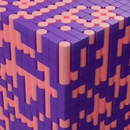 A 3D cube composed of purple and pink cylindrical stacks.
